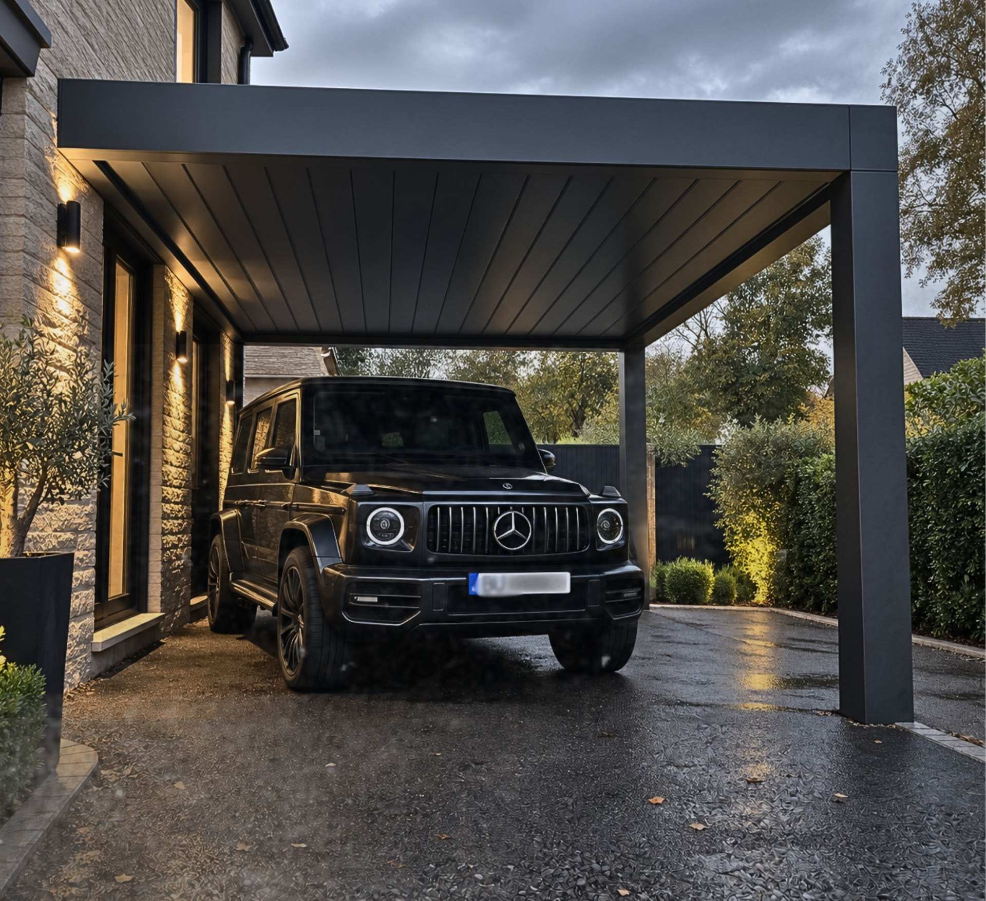 Louvara Car Port sheltering a car at dusk with integrated lighting