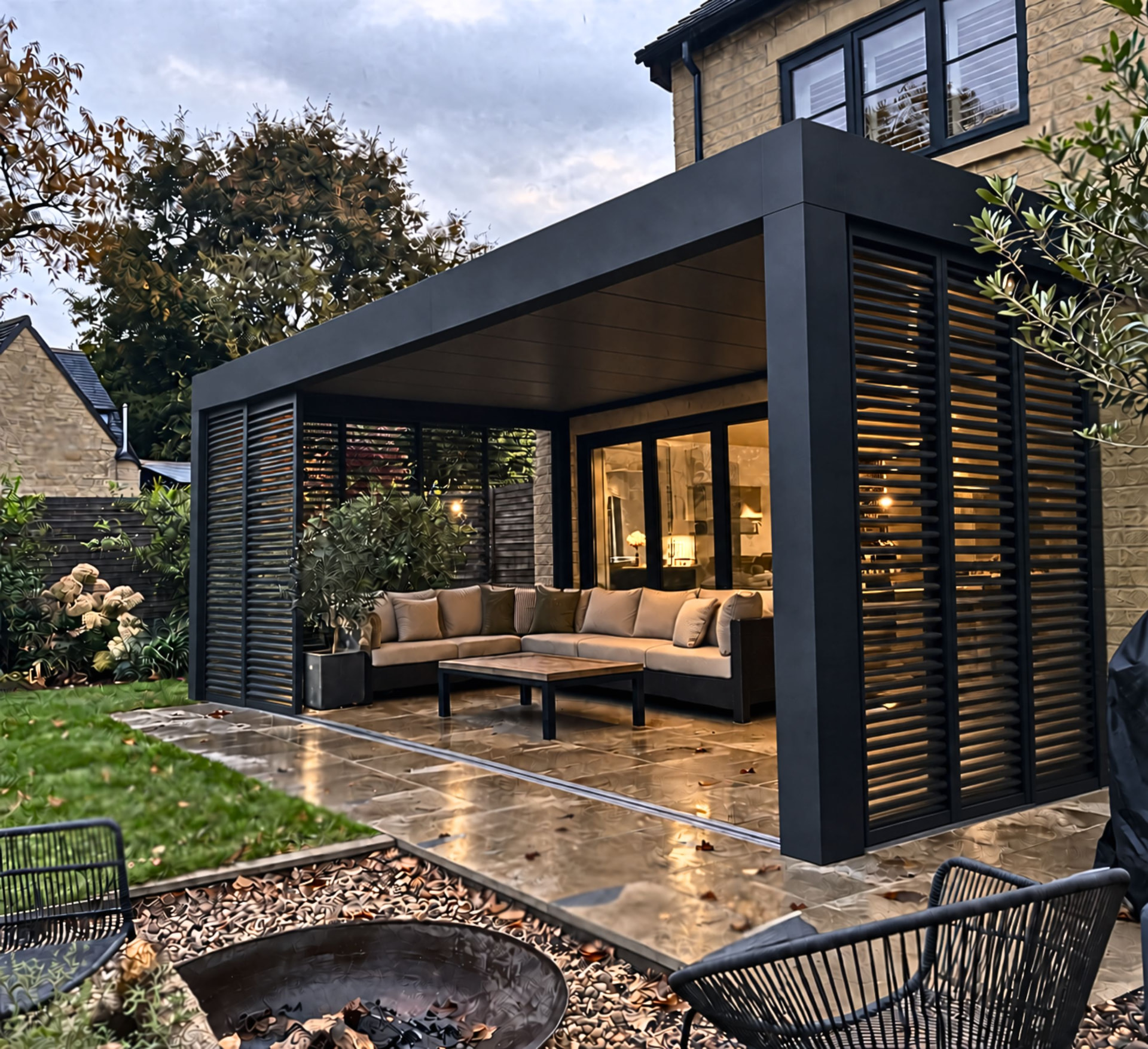 Louvara Veranda over a relaxed seating area on a real patio
