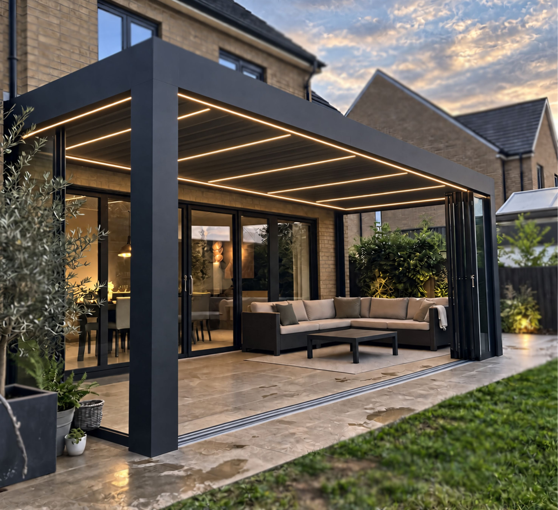 Louvara Veranda with integrated ceiling lighting at dusk