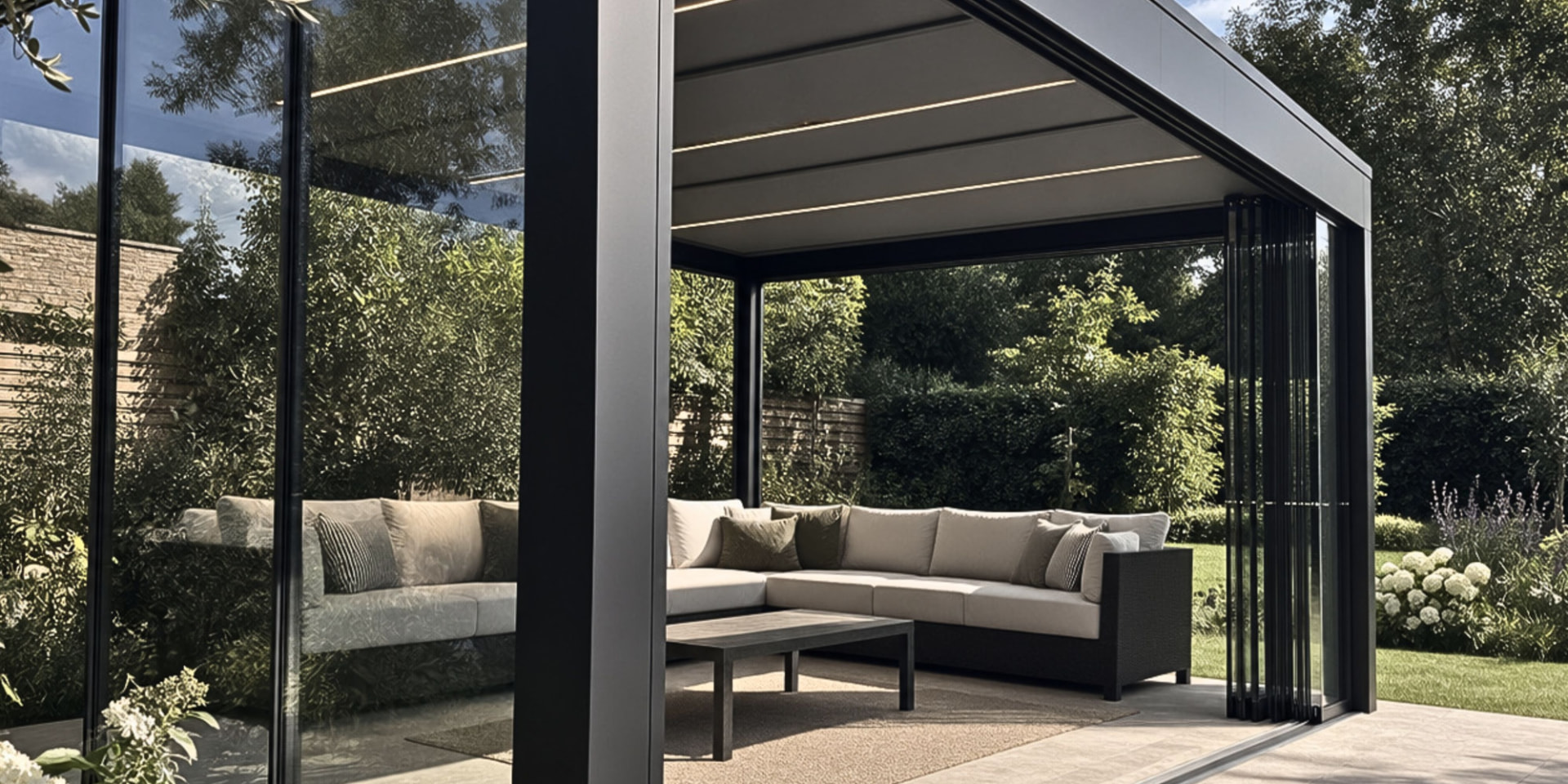 Louvara Glass Room with its panels opened to the garden on a bright day