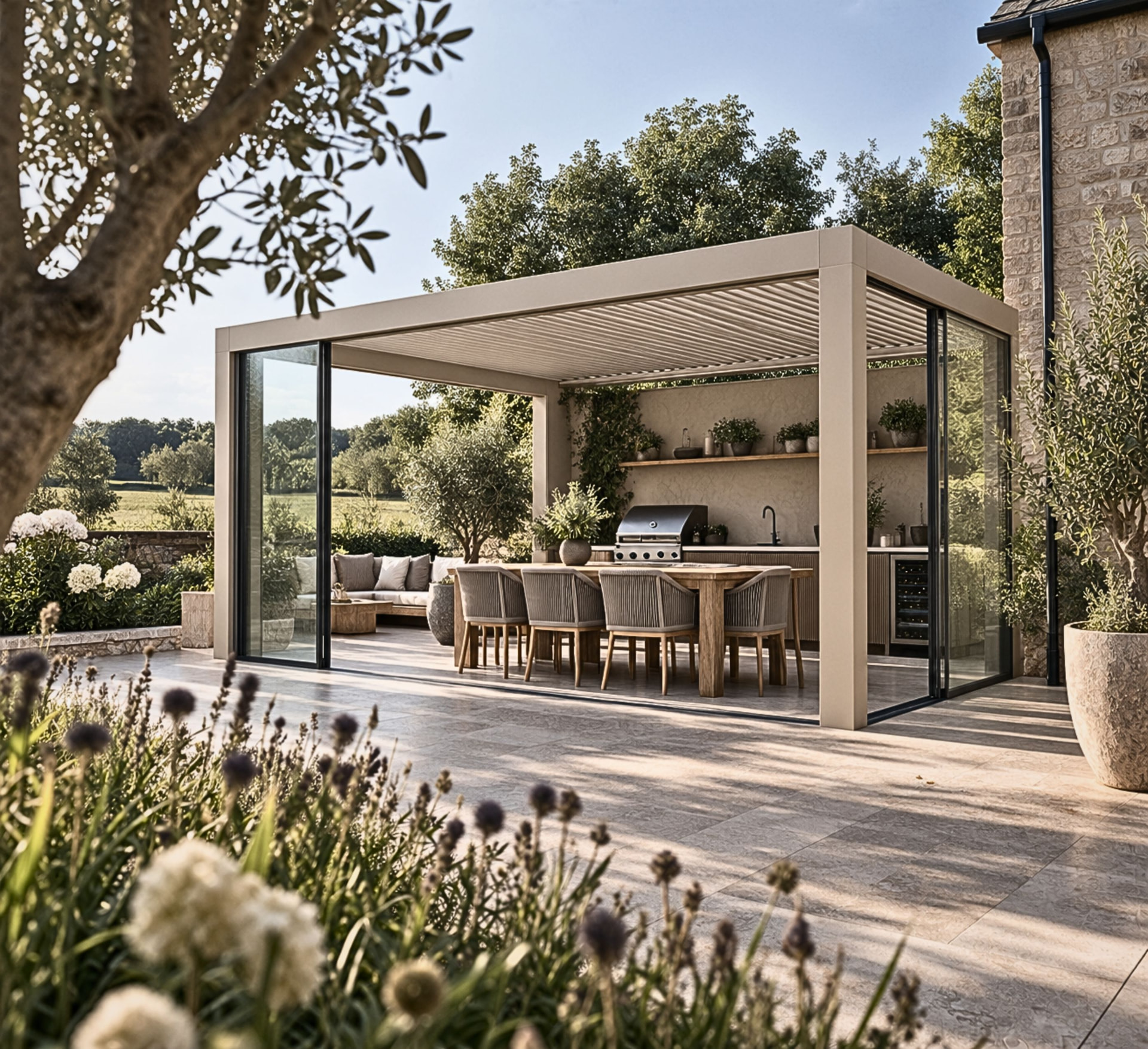 Louvara outdoor kitchen and dining pergola in a landscaped garden