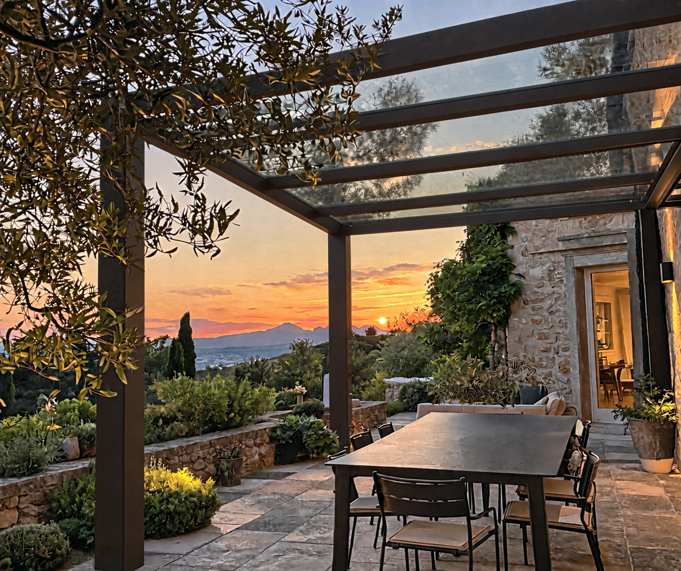 Louvara Veranda with a glass roof overlooking a garden at sunset